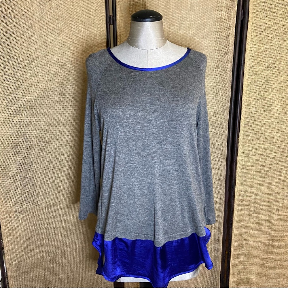 K&C grey tunic with satin royal blue trim and hem.